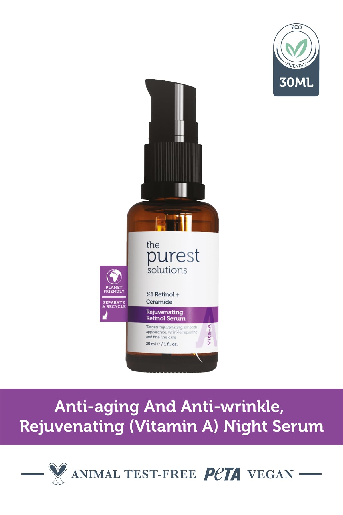 The Purest Solutions Rejuvenating Retinol Serum in amber glass bottle with pump, 30ml vegan on Tampa Home & Garden Store