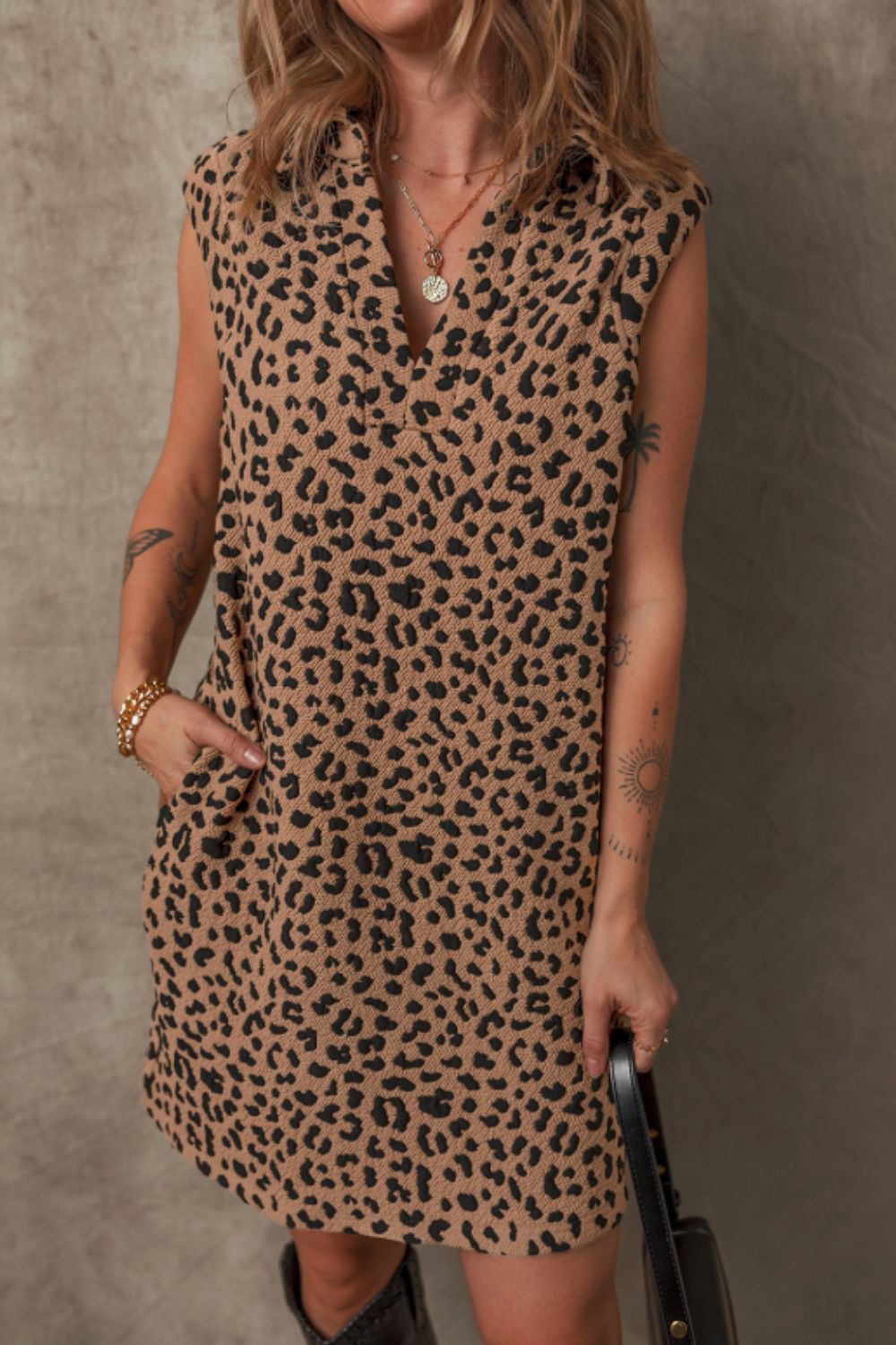 Stevvex leopard print sleeveless mini dress in tan with black spots, V-neck, womens dress on Tampa Home & Garden Store