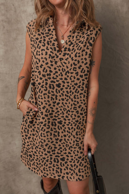 Stevvex leopard print sleeveless mini dress in tan with black spots, V-neck, womens dress on Tampa Home & Garden Store