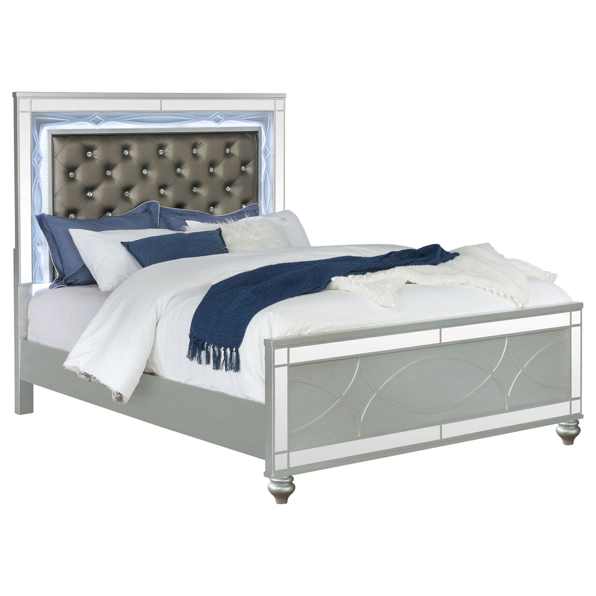 Karmen panel bed by HouseOfZazla with tufted gray headboard and mirrored frame on Tampa Home & Garden Store