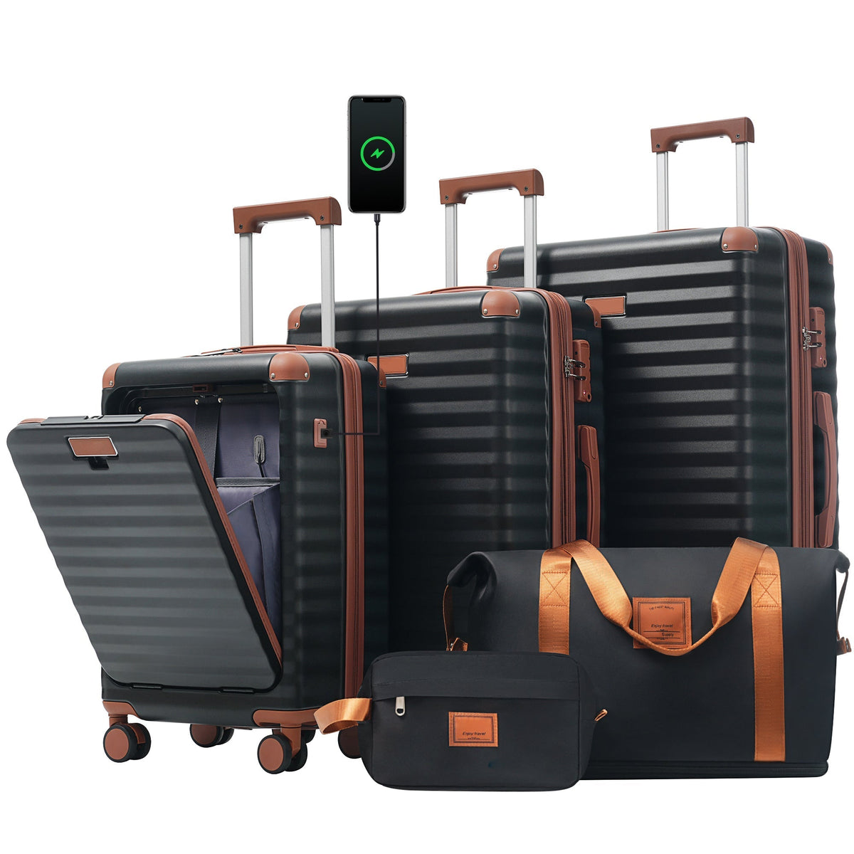 Deluxe 5-piece hard-side luggage set black with brown trim, USB, TSA locks by HouseOfZazla on Tampa Home & Garden Store
