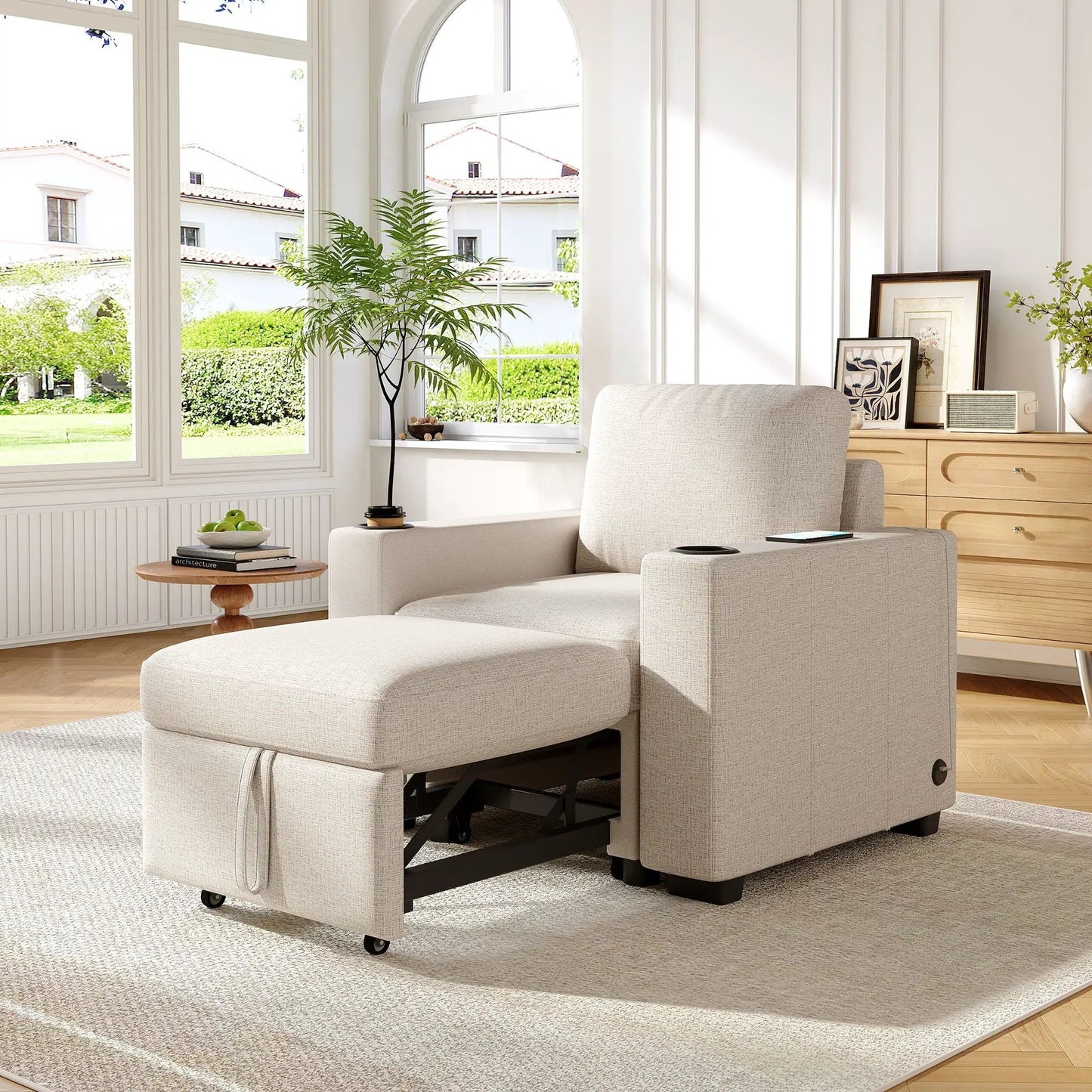 Single pull-out sofa bed sleeper chair with USB ports and cup holders in cream fabric on Tampa Home & Garden Store
