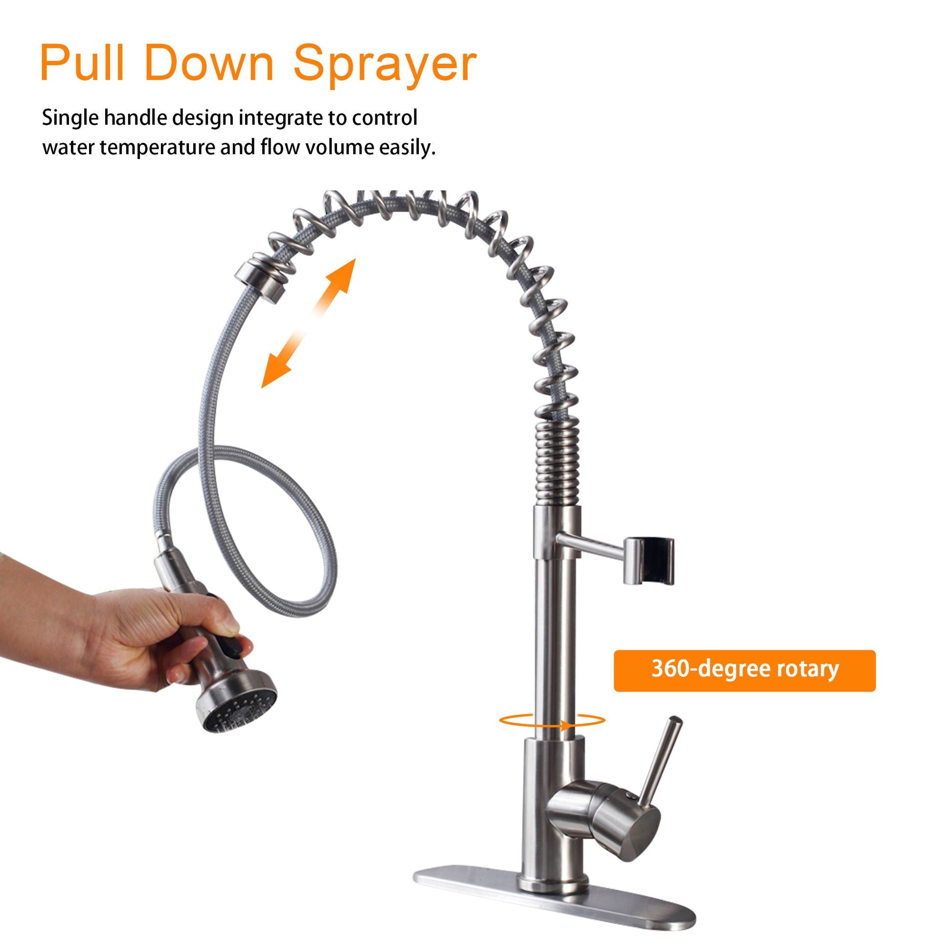 21in commercial kitchen faucet with pull-down dual spray head, brushed nickel finish on Tampa Home & Garden Store
