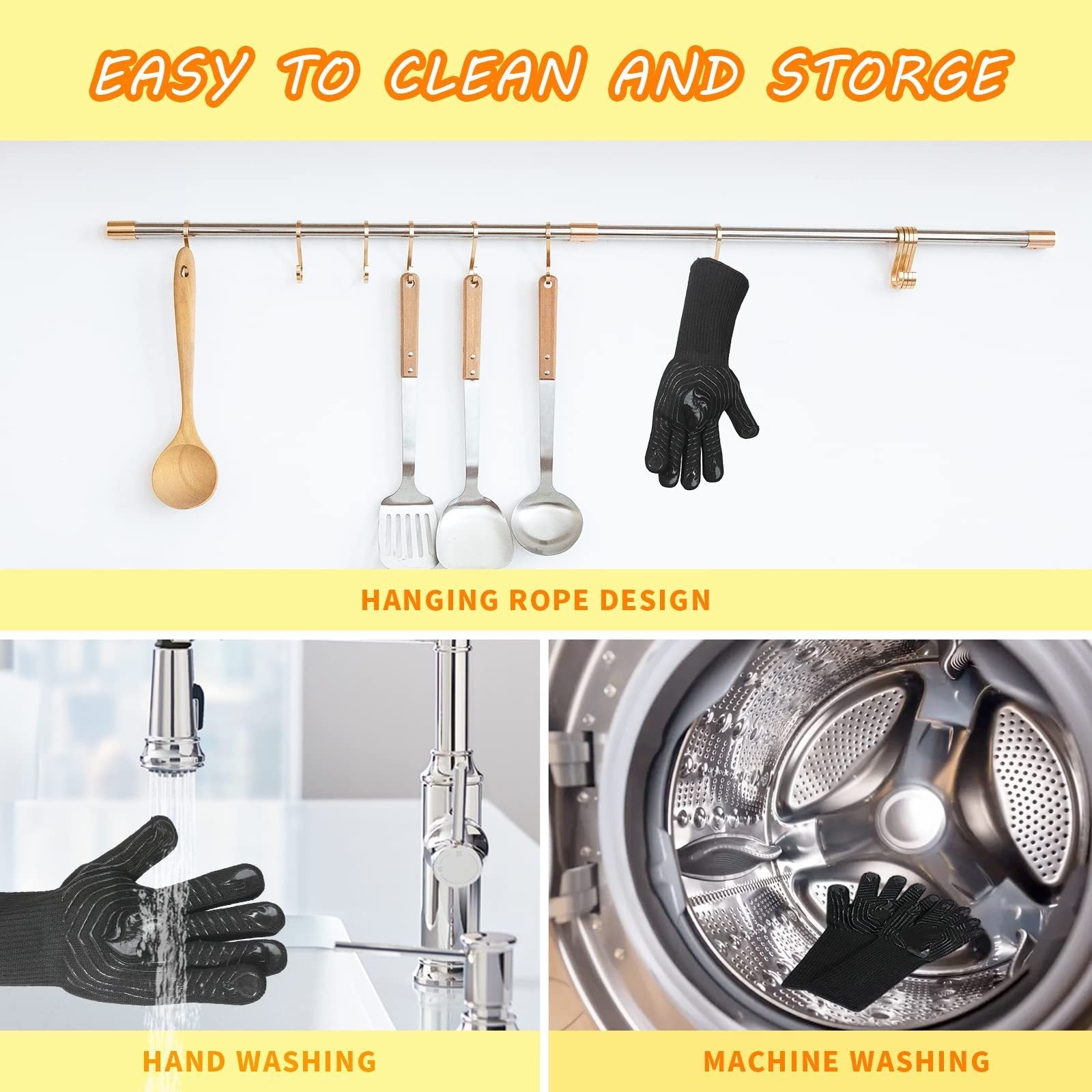 BBQ gloves 1472°F heat resistant oven mitts in black hanging on copper rod with wooden utensils on Tampa Home & Garden Store