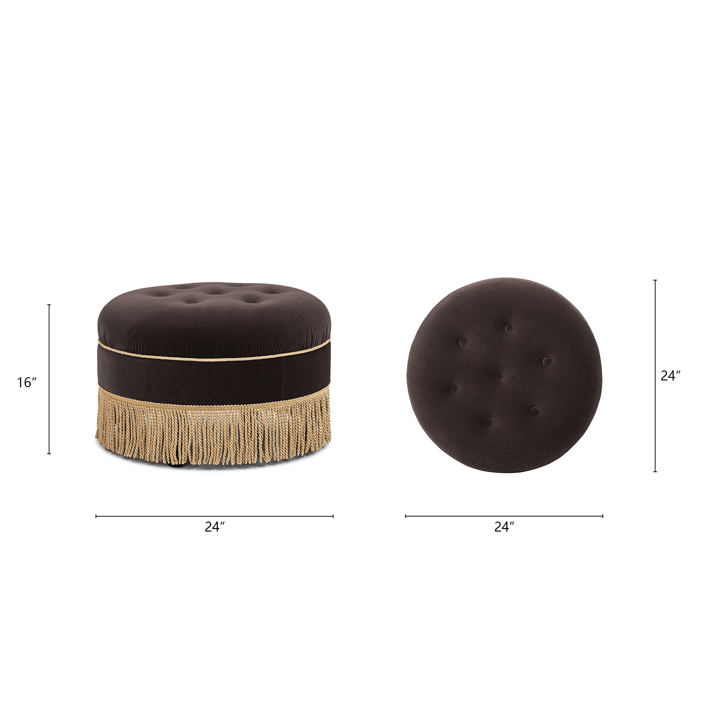 Yolanda 24in round upholstered ottoman in deep brown velvet with gold fringe by HouseOfZazla on Tampa Home & Garden Store