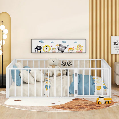 White metal floor bed frame with fence and door for toddlers by Unique Piece Furniture on Tampa Home & Garden Store
