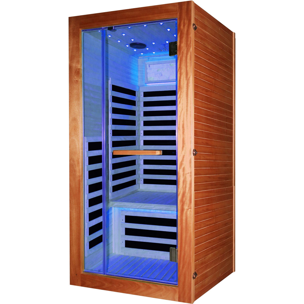 American White Oak single-person sauna with glass door and blue LED lighting HouseOfZazla on Tampa Home & Garden Store