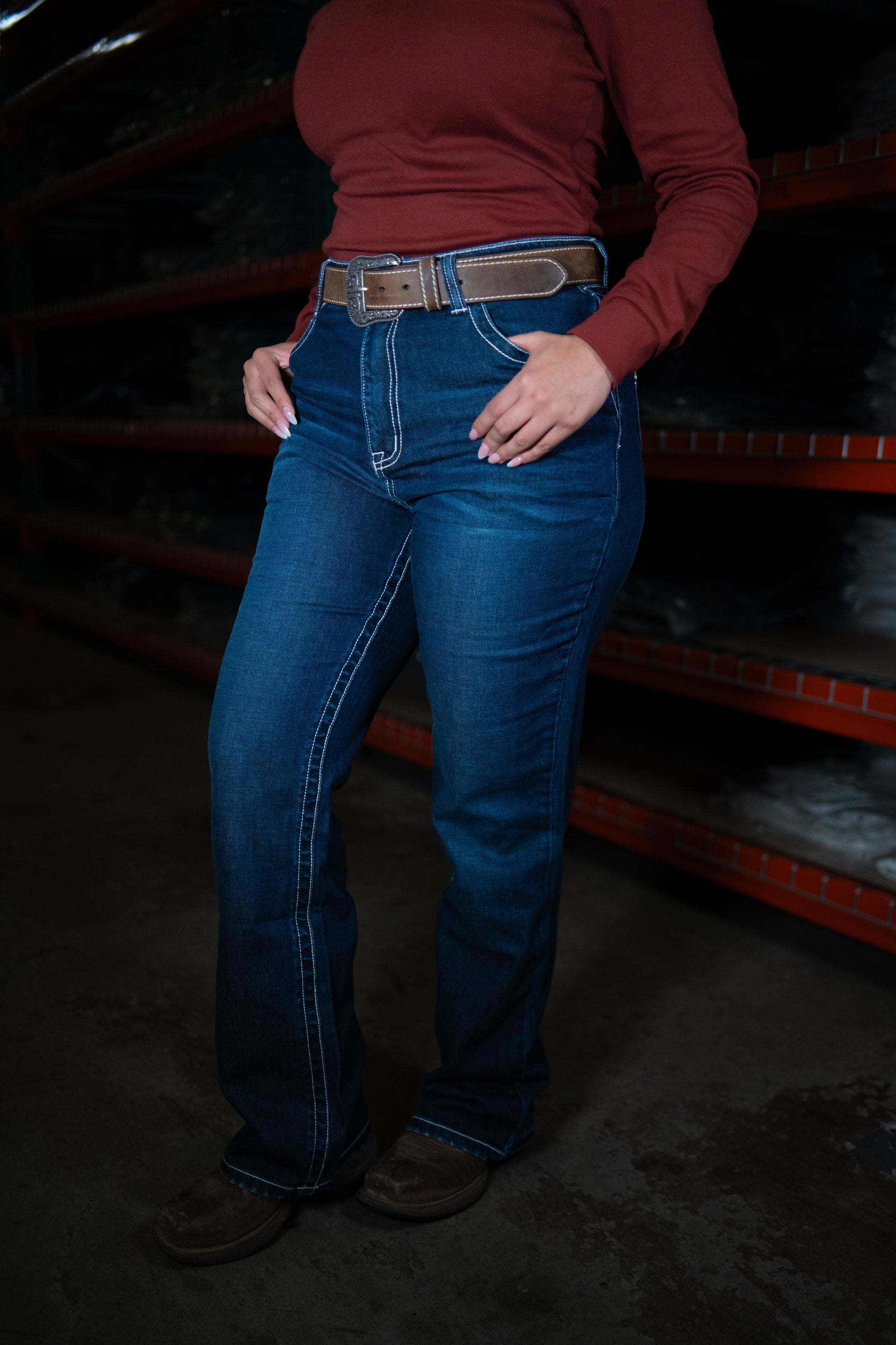 Women’s FR high waisted jeans by Static FR blue denim work pants with brown belt on Tampa Home & Garden Store