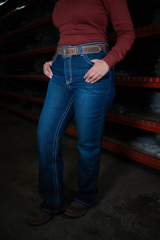 Women’s FR high waisted jeans by Static FR blue denim work pants with brown belt on Tampa Home & Garden Store