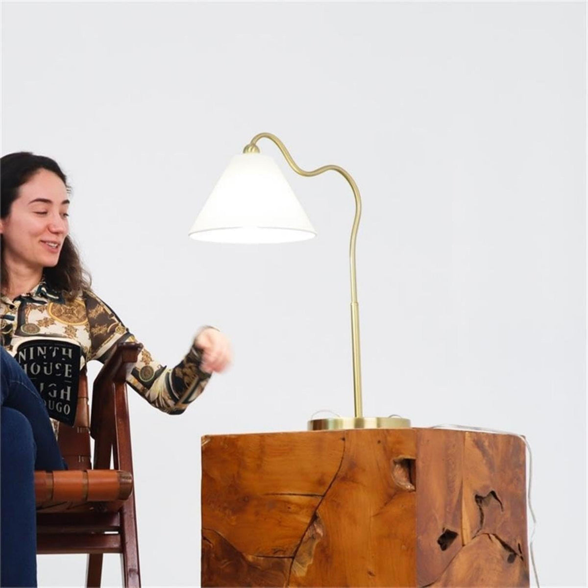 Ornate ring-base curved table lamp with gold and white triangle drum shade by HouseOfZazla on Tampa Home & Garden Store