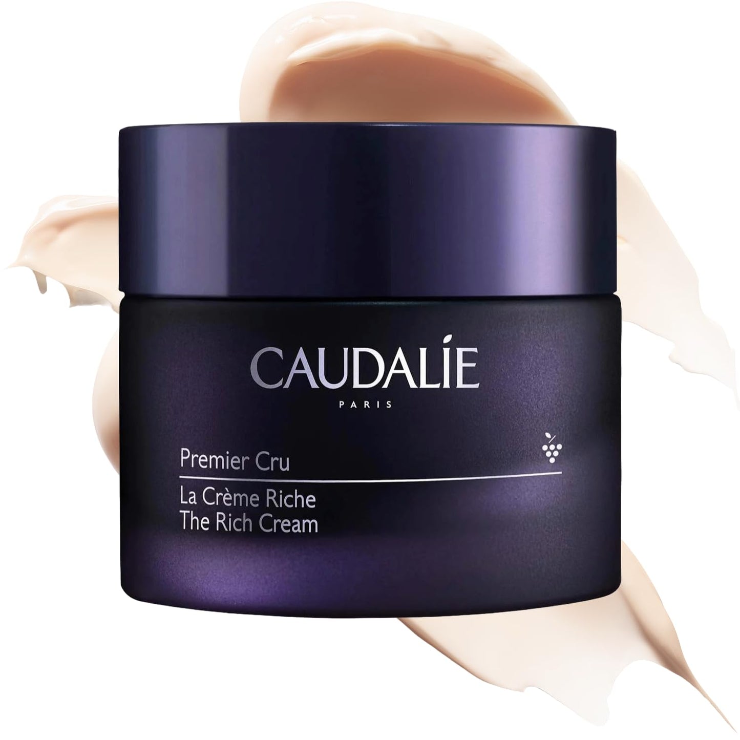 Caudalie Premier Cru The Rich Anti Aging Cream jar in deep purple with cream swirl for dry skin on Tampa Home & Garden Store