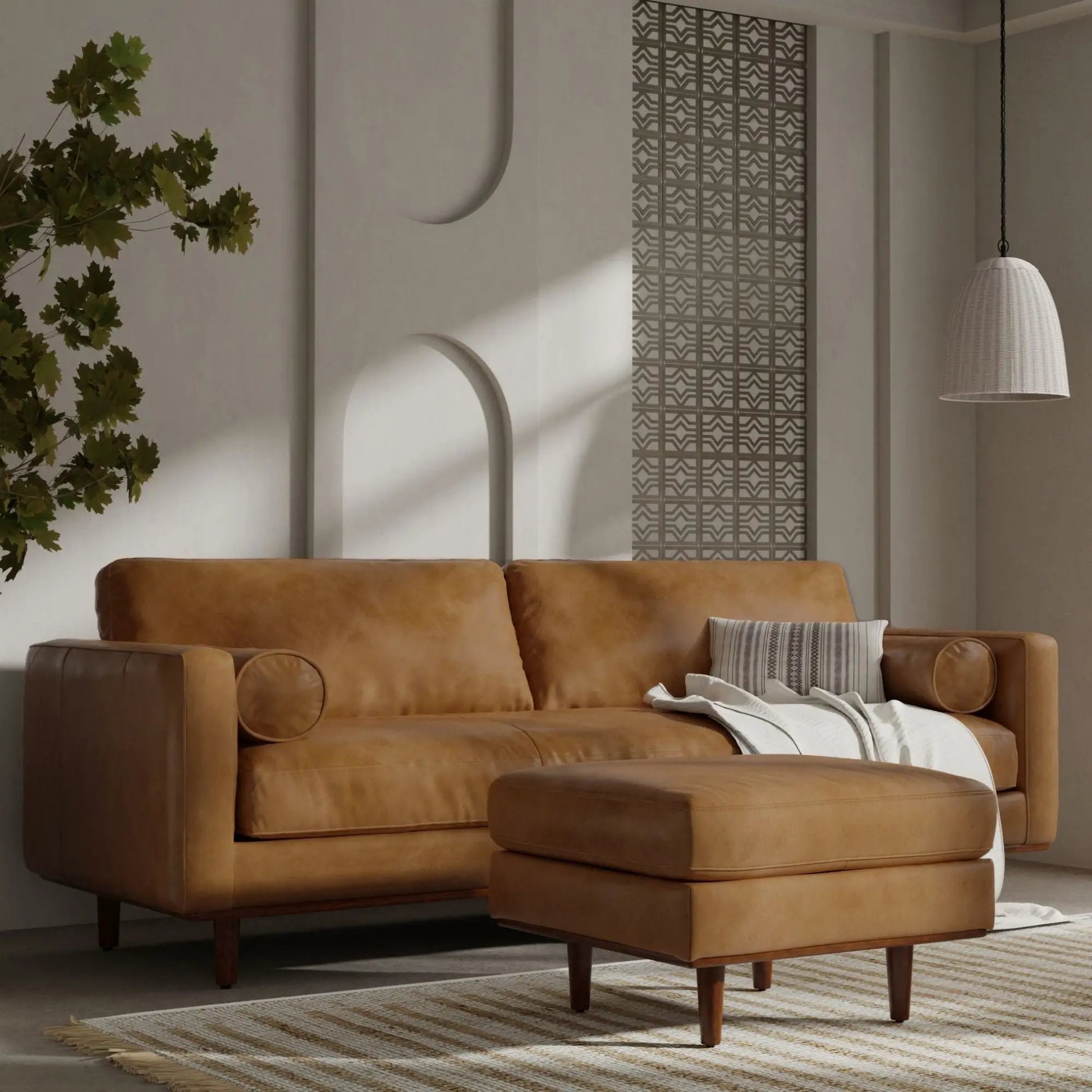 Morrison sofa and ottoman set in tan leather with wooden legs by Unique Piece Furniture on Tampa Home & Garden Store