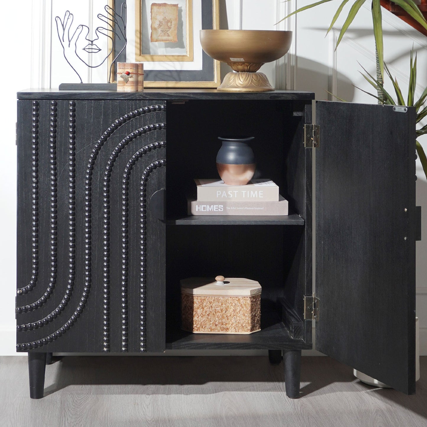 Modern Black Wood Storage Cabinet with Decorative Door by HouseOfZazla, beaded pattern on Tampa Home & Garden Store