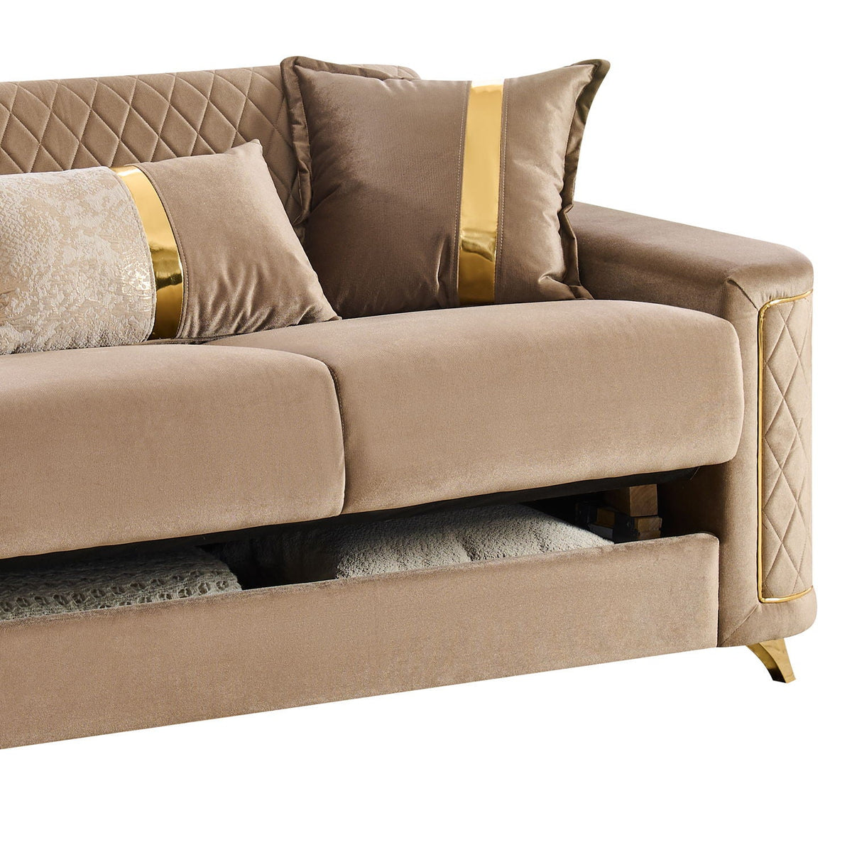 Upholstered living room sofa by HouseOfZazla with gold-tone legs and beige fabric on Tampa Home & Garden Store