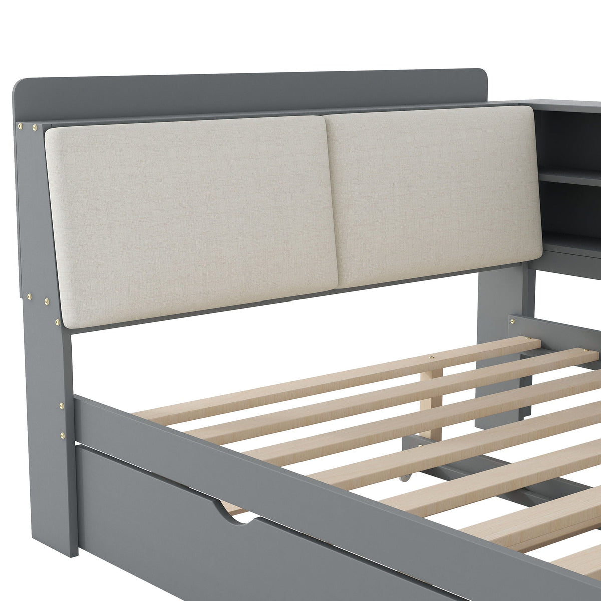 Platform bed with trundle and storage headboard gray metal frame and panels with wood slats on Tampa Home & Garden Store