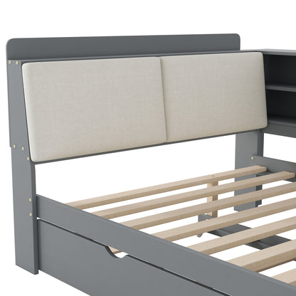 Platform bed with trundle and storage headboard gray metal frame and panels with wood slats on Tampa Home & Garden Store