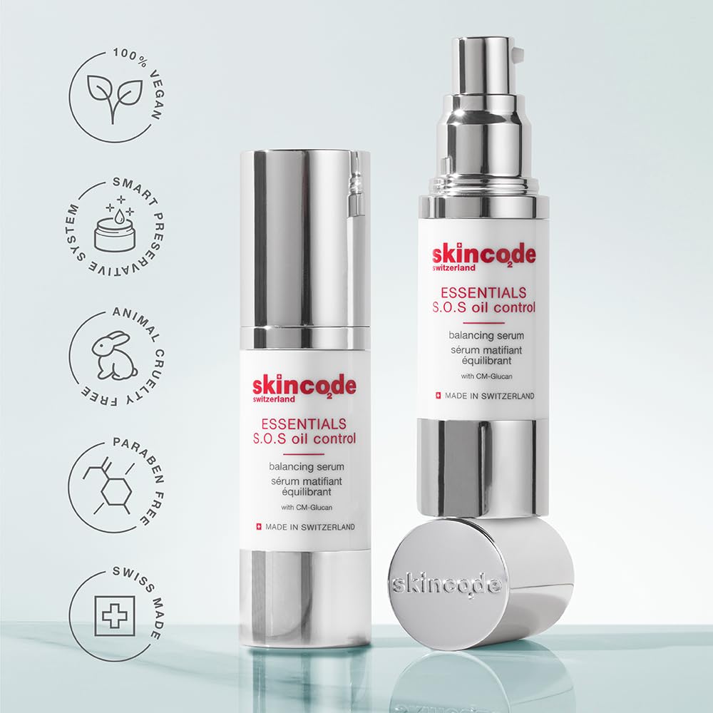 Skincode Essentials S.O.S oil control balancing serum bottles, silver pumps, 2 bottles on Tampa Home & Garden Store