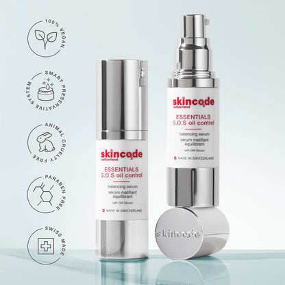 Skincode Essentials S.O.S oil control balancing serum bottles, silver pumps, 2 bottles on Tampa Home & Garden Store