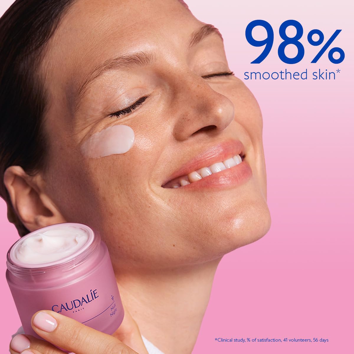 Caudalie Resveratrol Lift Firming Night Cream jar, pink tub, smiling woman with cream dab on Tampa Home & Garden Store