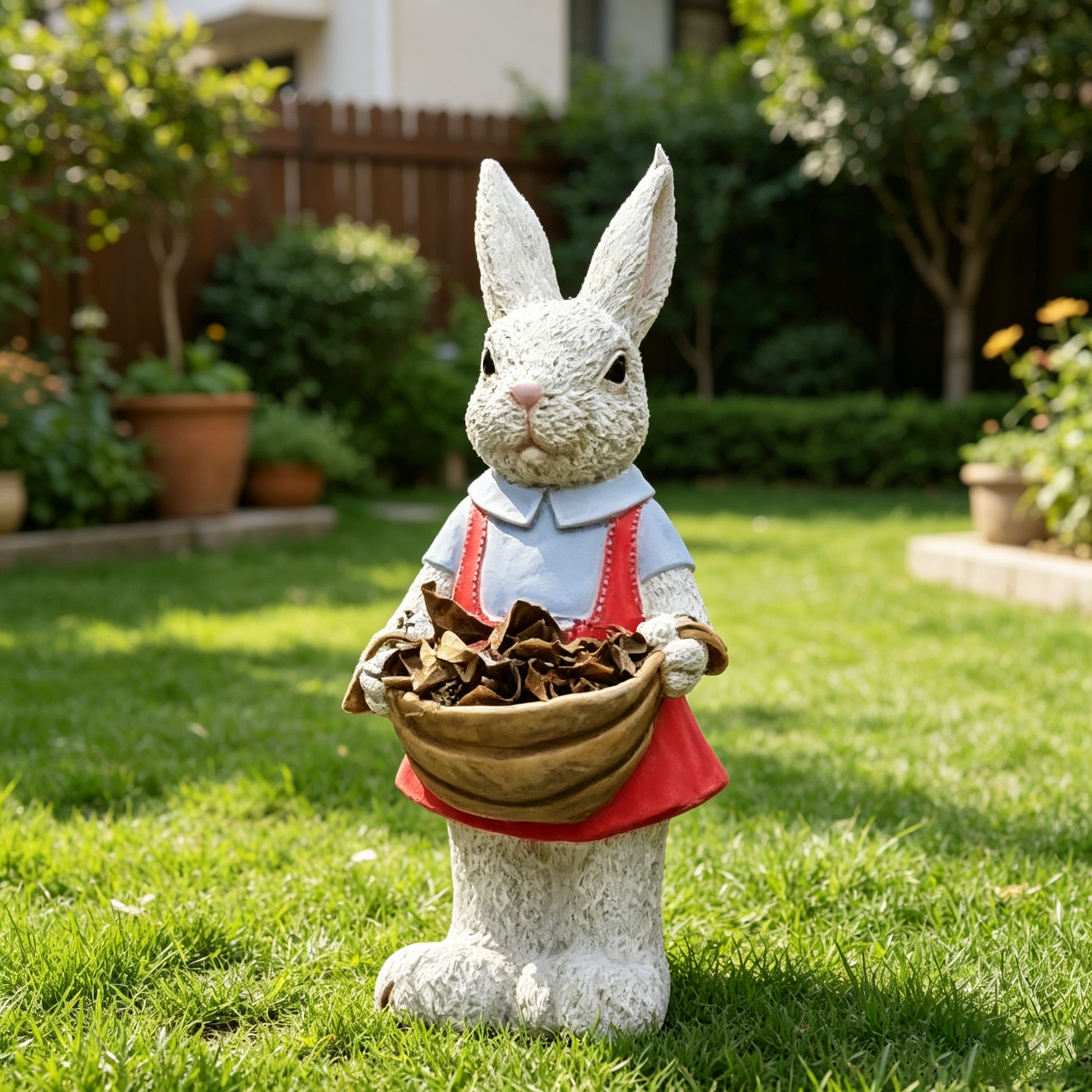 Charming hand-painted rabbit garden statue by HouseOfZazla with a wicker basket on Tampa Home & Garden Store