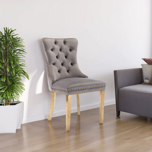 Tufted velvet dining chair gray and gold 2-pack with gold metal legs and nailhead trim on Tampa Home & Garden Store
