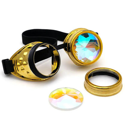 Steampunk goggles FLIPSTYLEZLLC gold-tone frames, black strap, holographic crystal lenses on Tampa Home & Garden Store