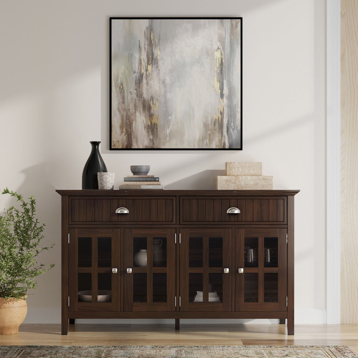Large brown solid pine sideboard buffet with glass-front doors by HouseOfZazla on Tampa Home & Garden Store