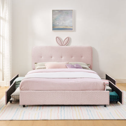 Queen Size Kids Upholstered Bed with rabbit-ear headboard in pink fabric storage by HouseOfZazla on Tampa Home & Garden Store
