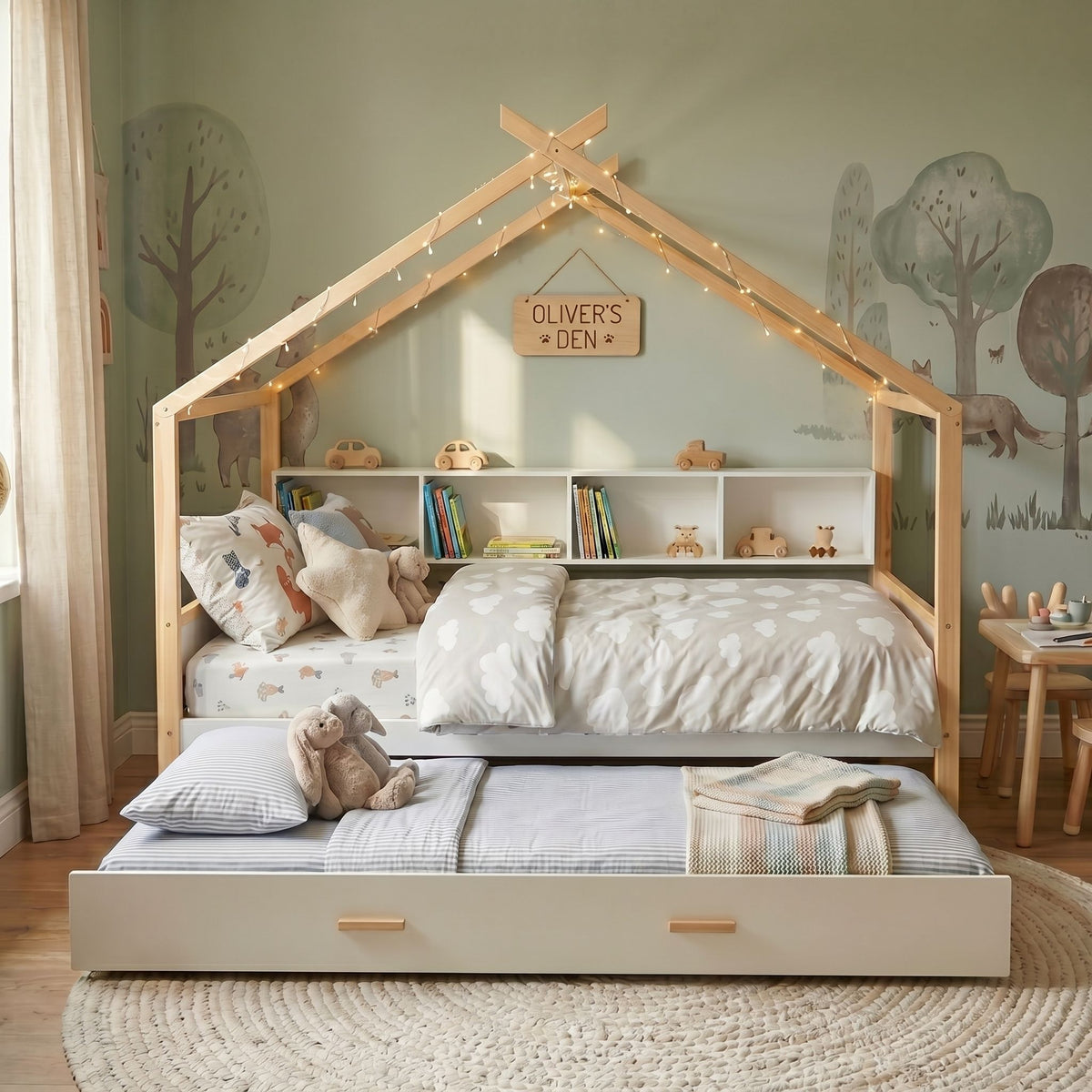 Light wood house bed with built-in bookshelf storage, string fairy lights, kid’s room decor on Tampa Home & Garden Store