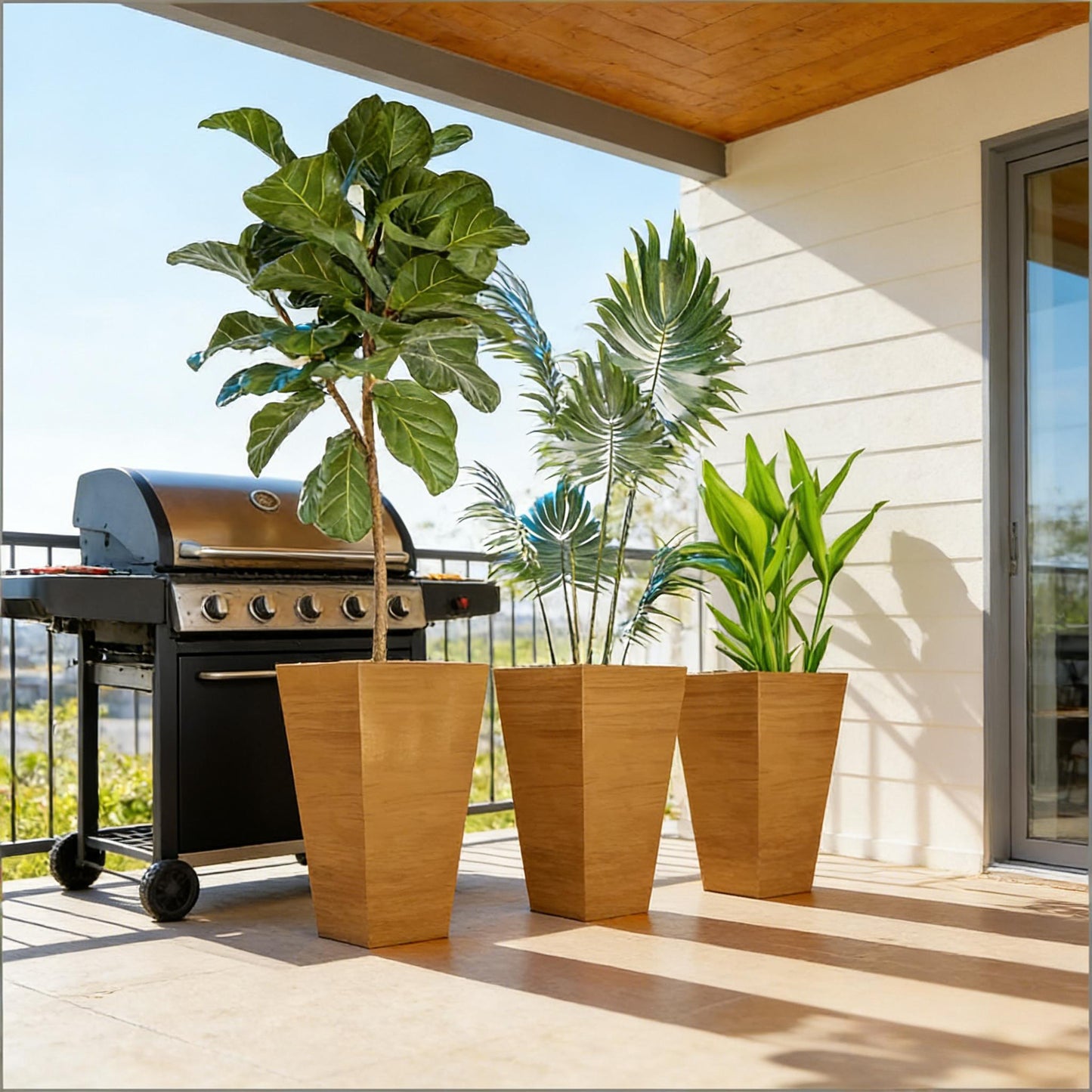 Classic Set of 3 Tall Planters by HouseOfZazla, tapered wooden pots with greens on Tampa Home & Garden Store