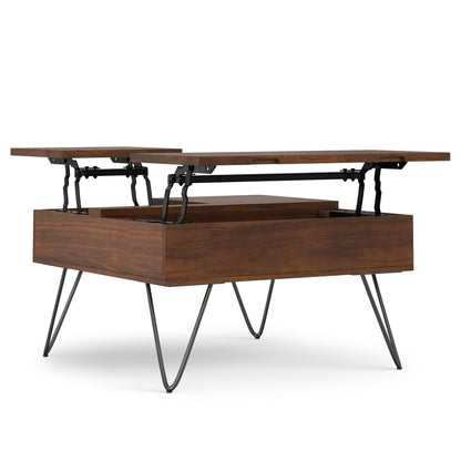 Square walnut lift-top coffee table with hidden storage and black metal hairpin legs on Tampa Home & Garden Store