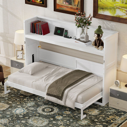 White wooden Murphy bed with desk, integrated USB charger and LED light, books and decor on Tampa Home & Garden Store
