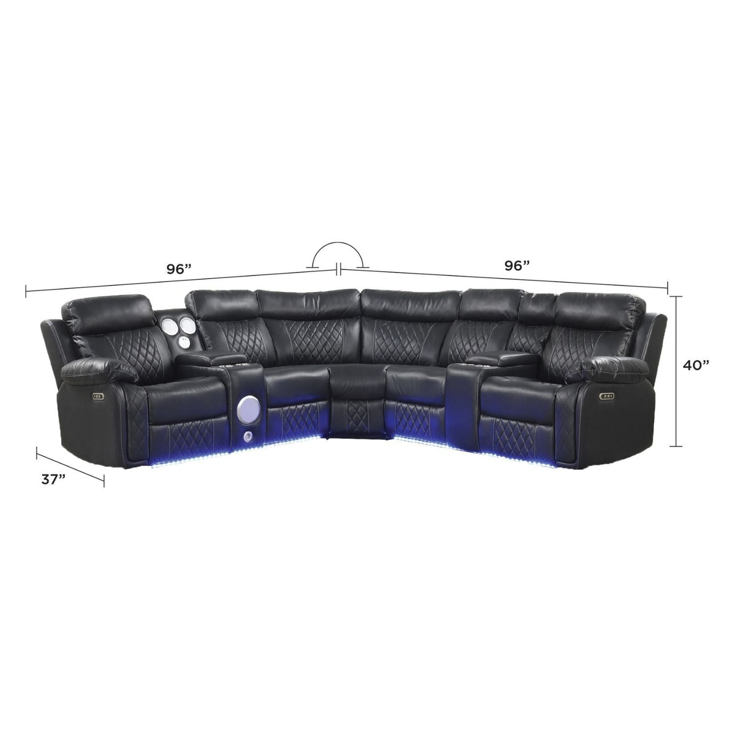 Lacrosse power reclining sectional sofa black leather by HouseOfZazla with LED lighting on Tampa Home & Garden Store