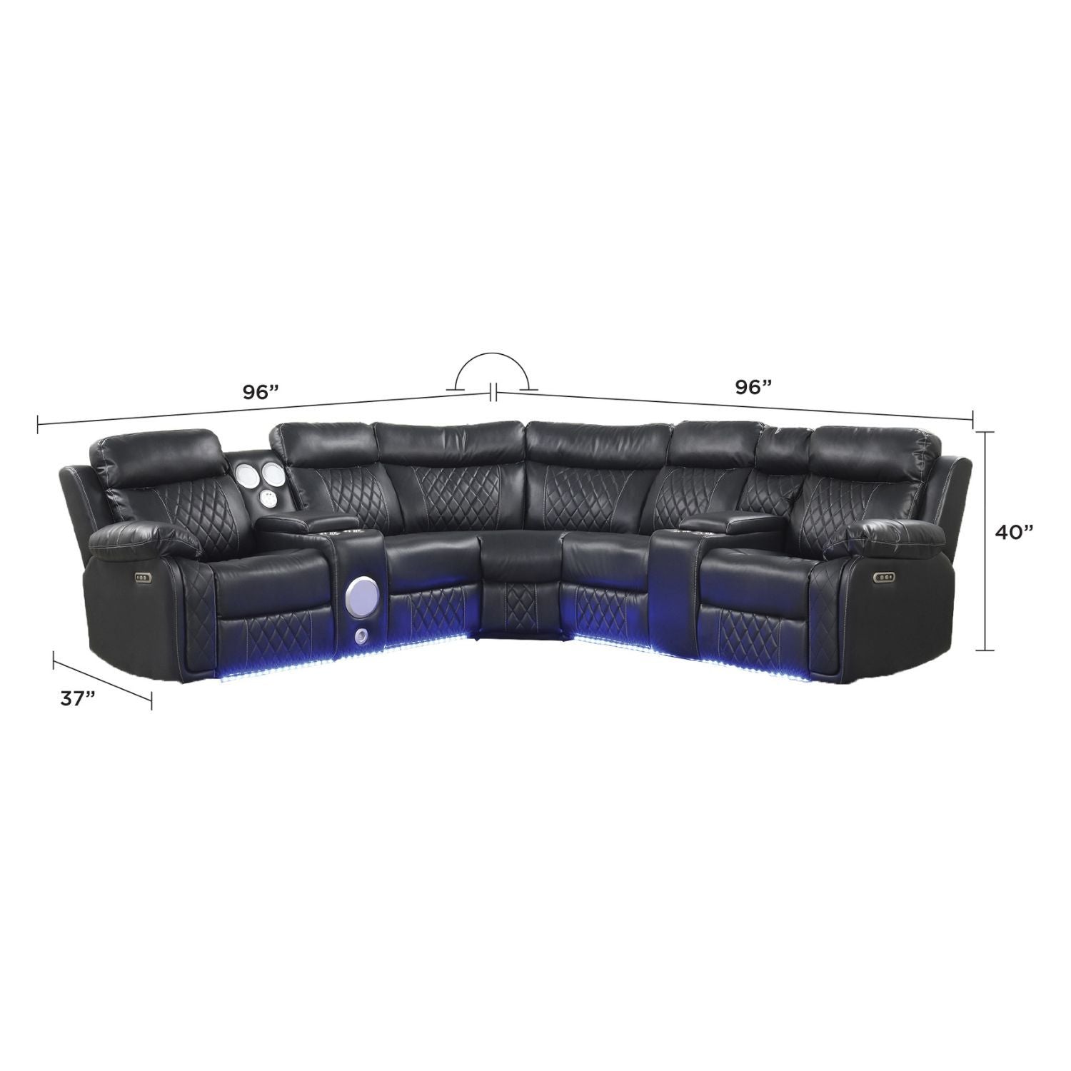 Lacrosse power reclining sectional sofa black leather by HouseOfZazla with LED lighting on Tampa Home & Garden Store