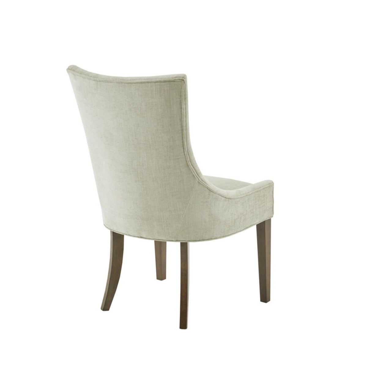 Beige upholstered dining side chair with curved back and dark wood legs on Tampa Home & Garden Store