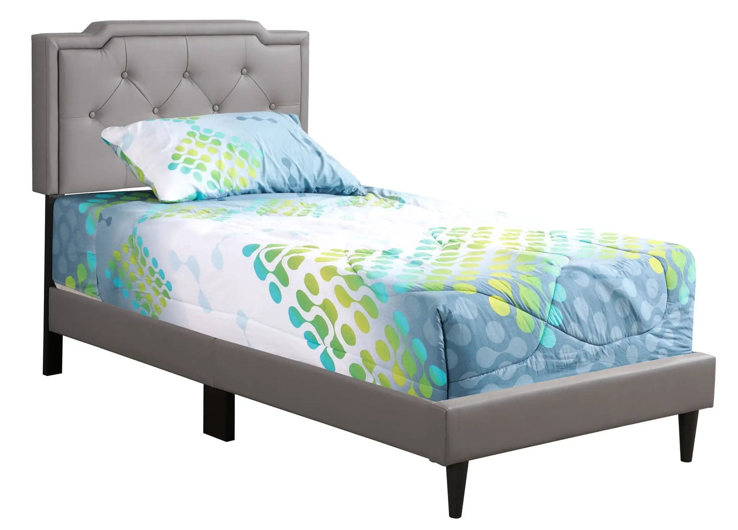 Button tufted upholstered bed in light gray with a diamond headboard and blue-green bedding on Tampa Home & Garden Store