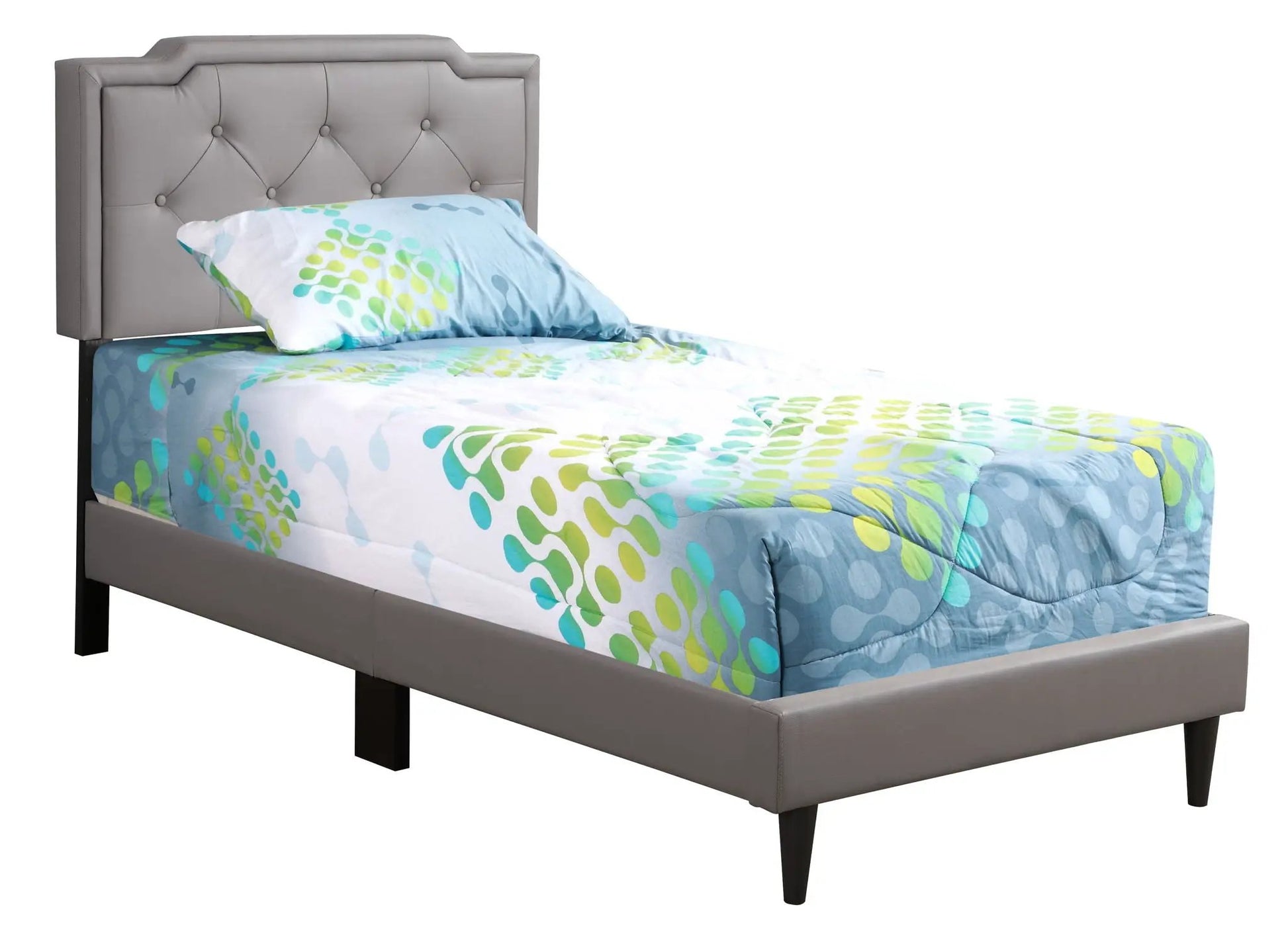 Button tufted upholstered bed in light gray with a diamond headboard and blue-green bedding on Tampa Home & Garden Store