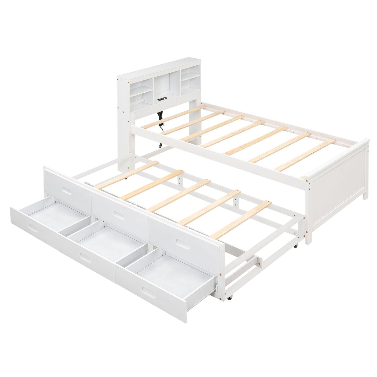 White platform bed with storage headboard USB port, trundle, and three drawers on Tampa Home & Garden Store