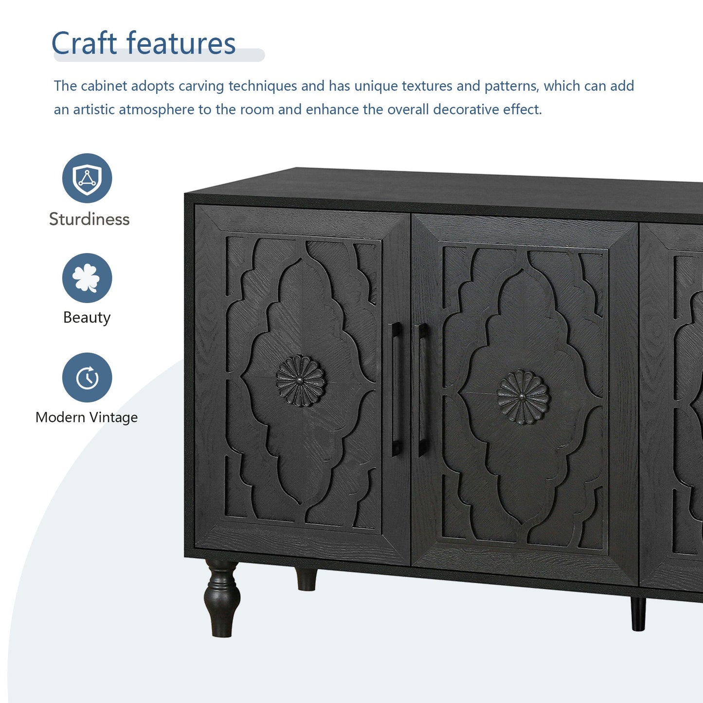 Carved flower door large storage cabinet by HouseOfZazla in black wood with metal handles on Tampa Home & Garden Store