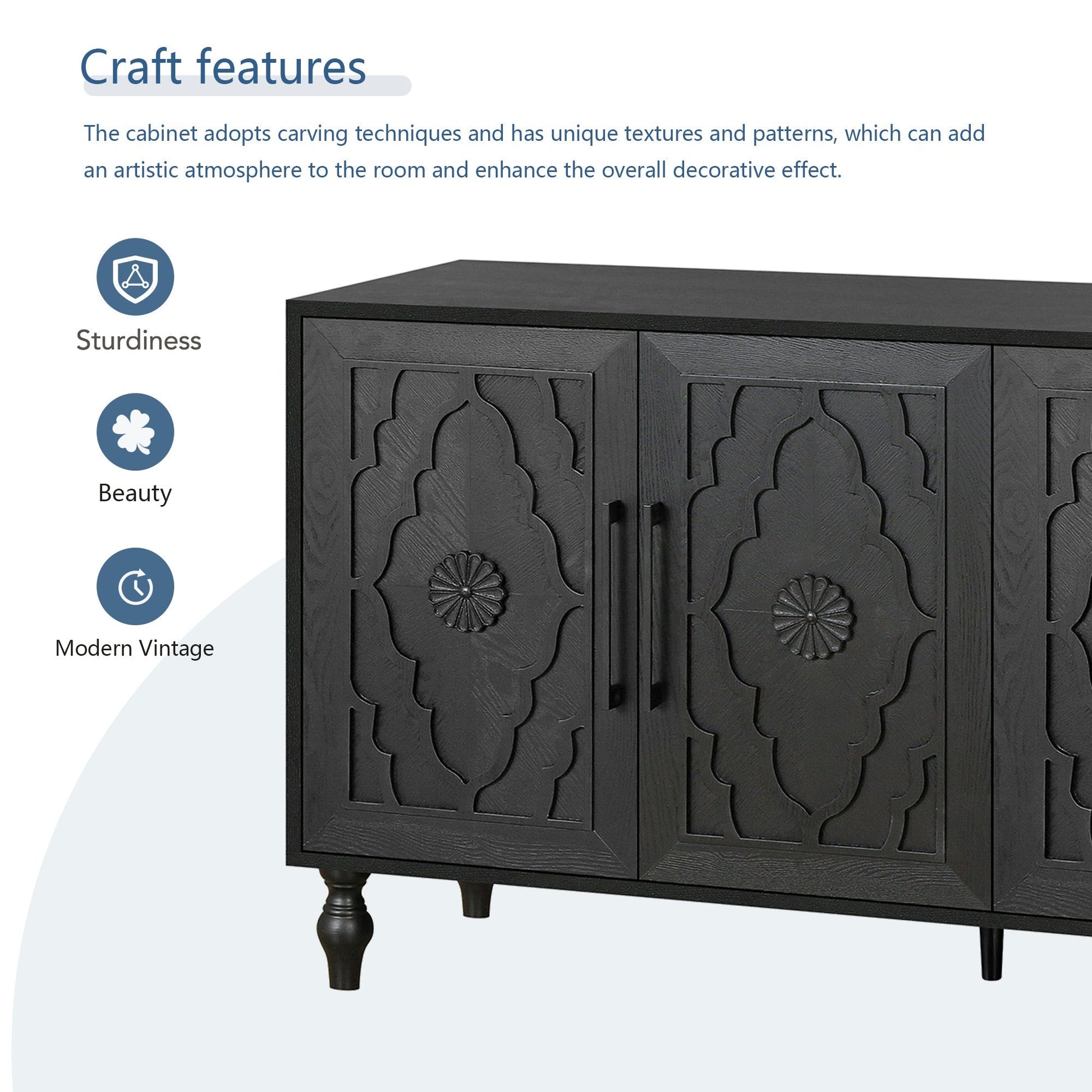 Carved flower door large storage cabinet by HouseOfZazla in black wood with metal handles on Tampa Home & Garden Store
