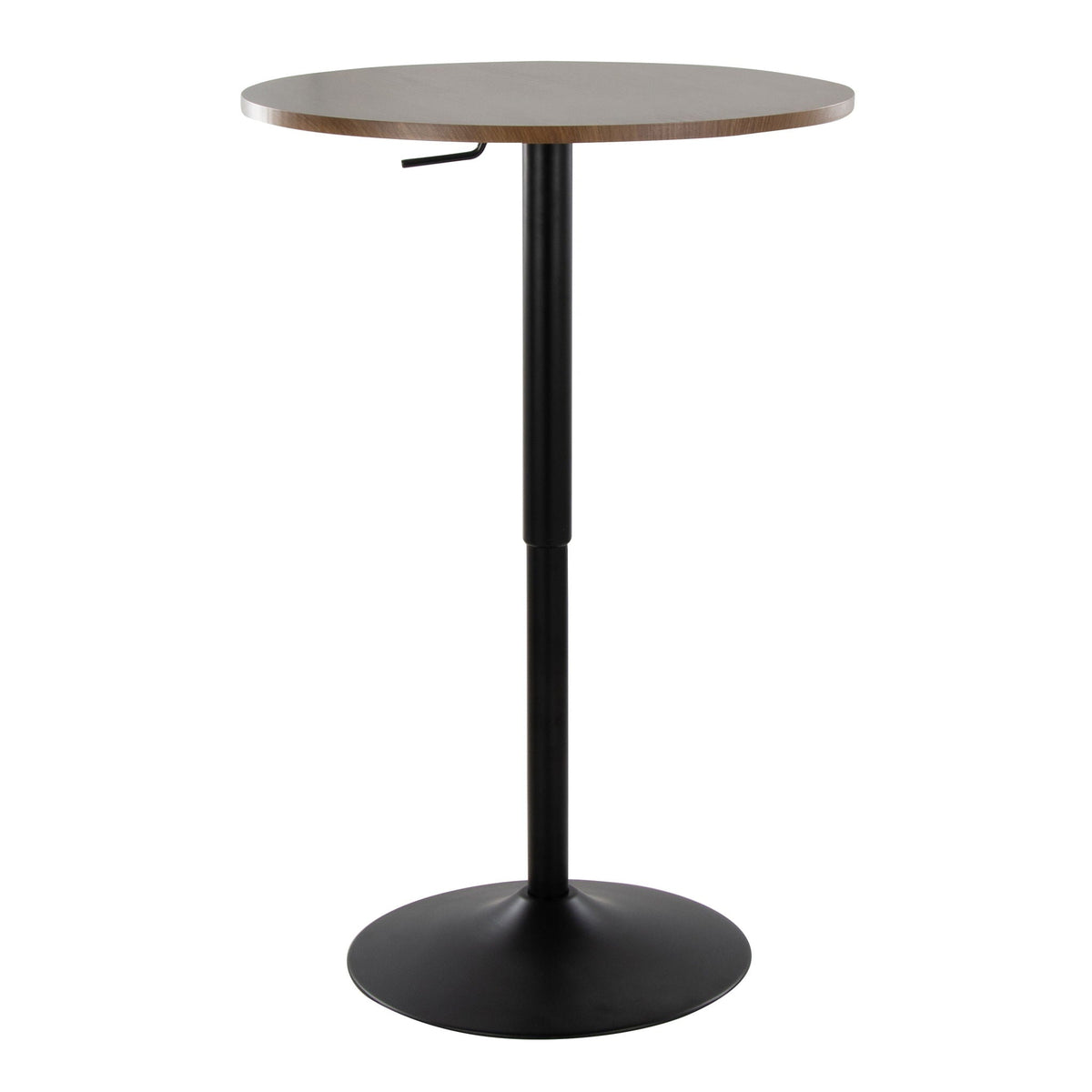 Contemporary adjustable bar table with hydraulic lift; top with wood edge on black base on Tampa Home & Garden Store