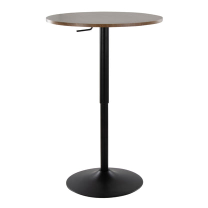 Contemporary adjustable bar table with hydraulic lift; top with wood edge on black base on Tampa Home & Garden Store