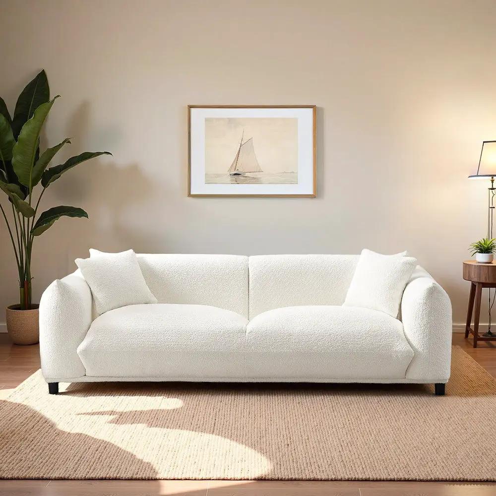 Emma Mid-Century Modern Luxury Sofa with white boucle upholstery, stationary sofa on Tampa Home & Garden Store