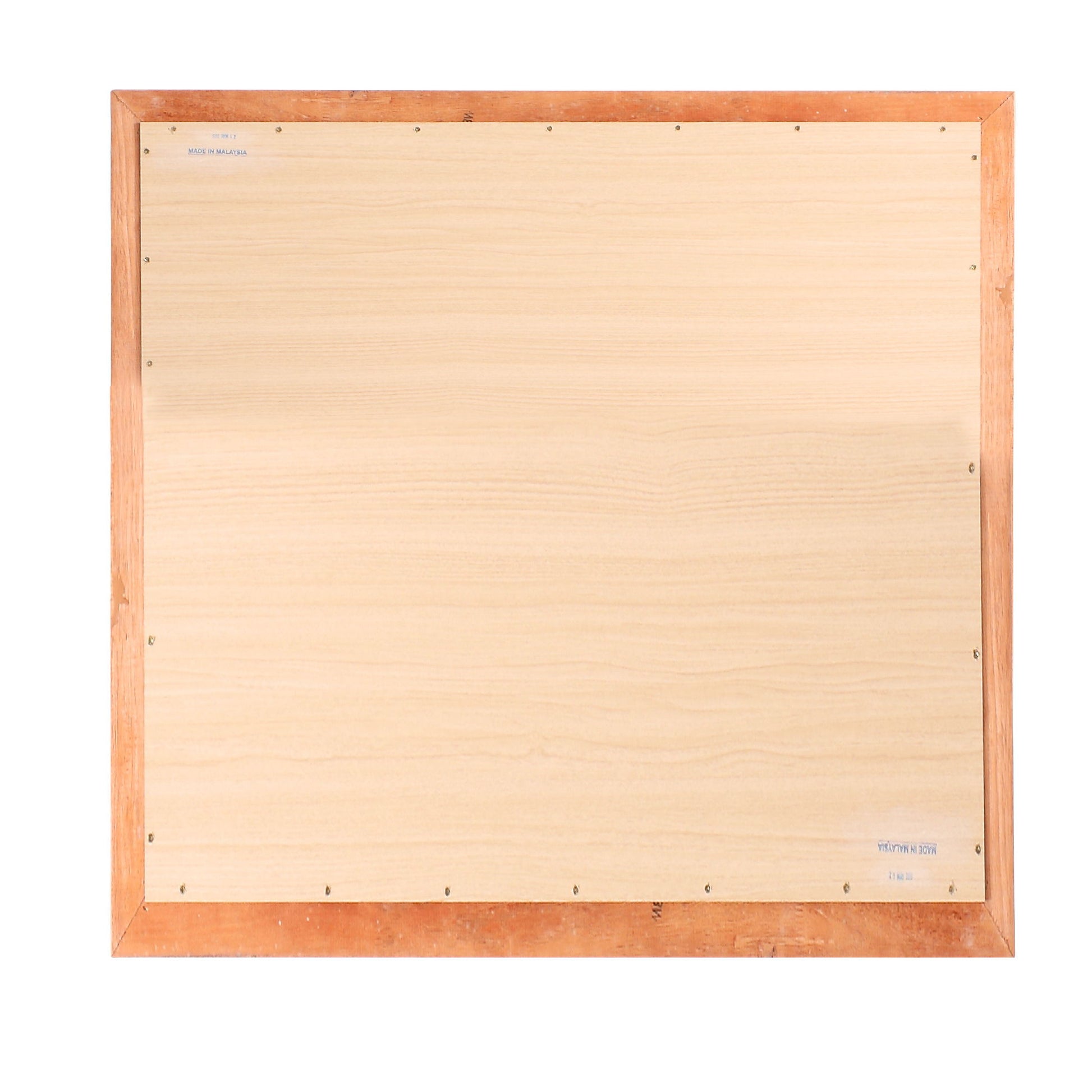 Traditional wall mirror back view with wood frame, visible screws, Made in Malaysia label on Tampa Home & Garden Store