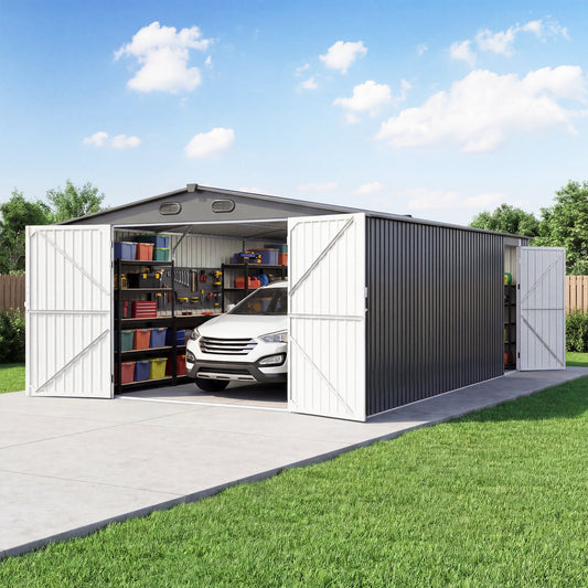 Outdoor Storage Shed 20x13 ft white doors, gray walls, organized shelves with bins on Tampa Home & Garden Store