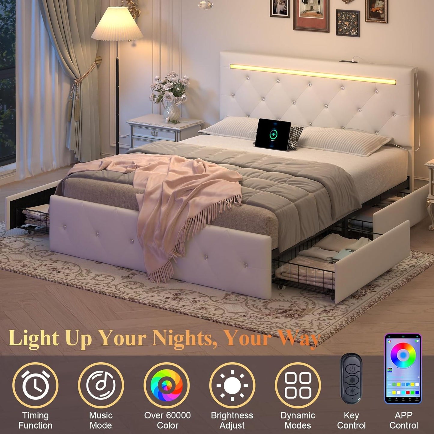 Upholstered Bed Frame with LED Lights Storage