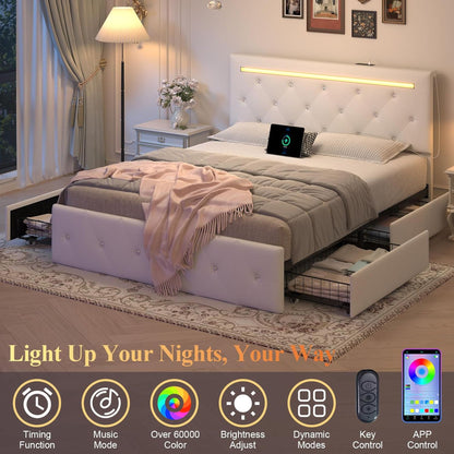 Upholstered Bed Frame with LED Lights Storage