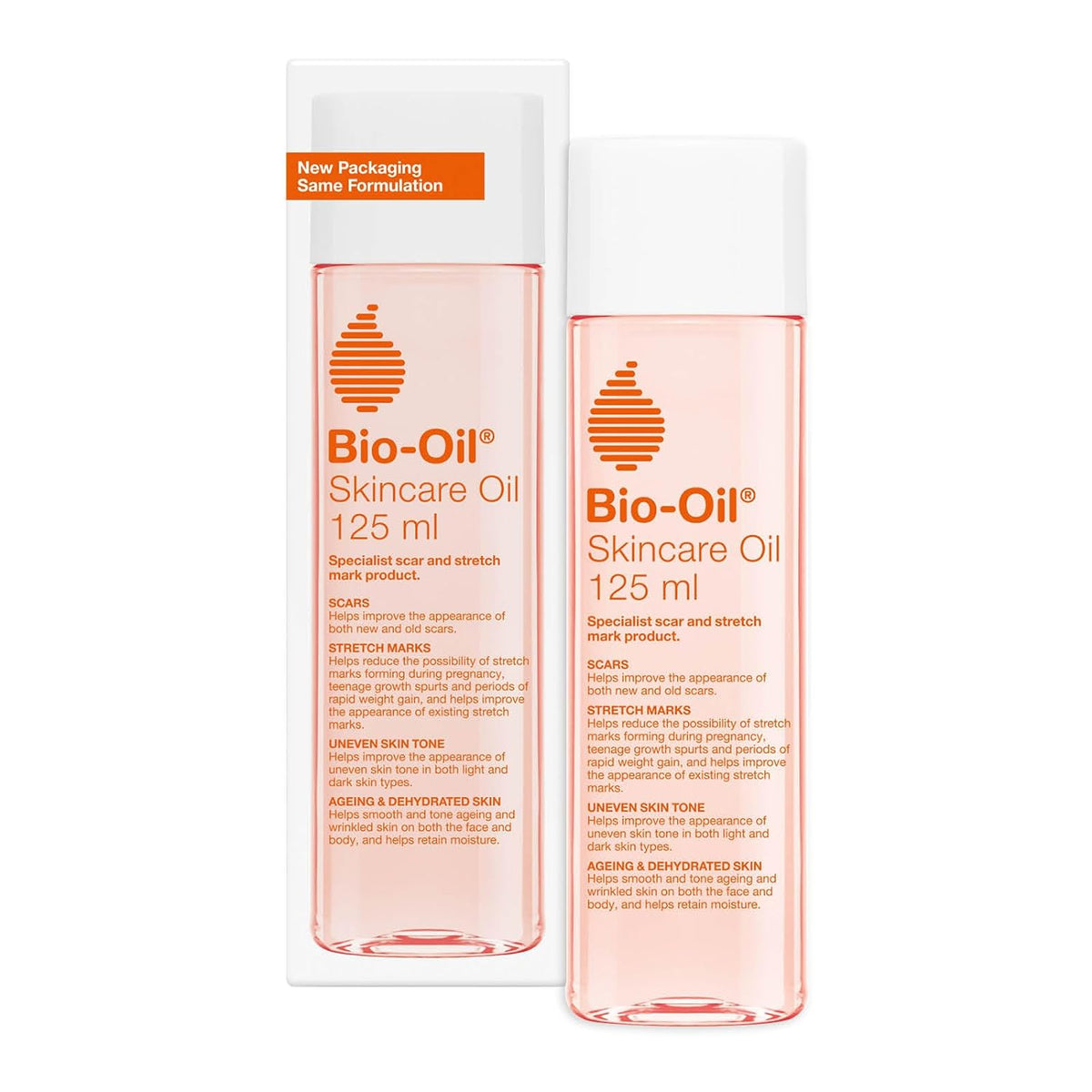 Bio-Oil Skincare Oil 125 ml duo bottles with white caps and orange logo beside a white box on Tampa Home & Garden Store
