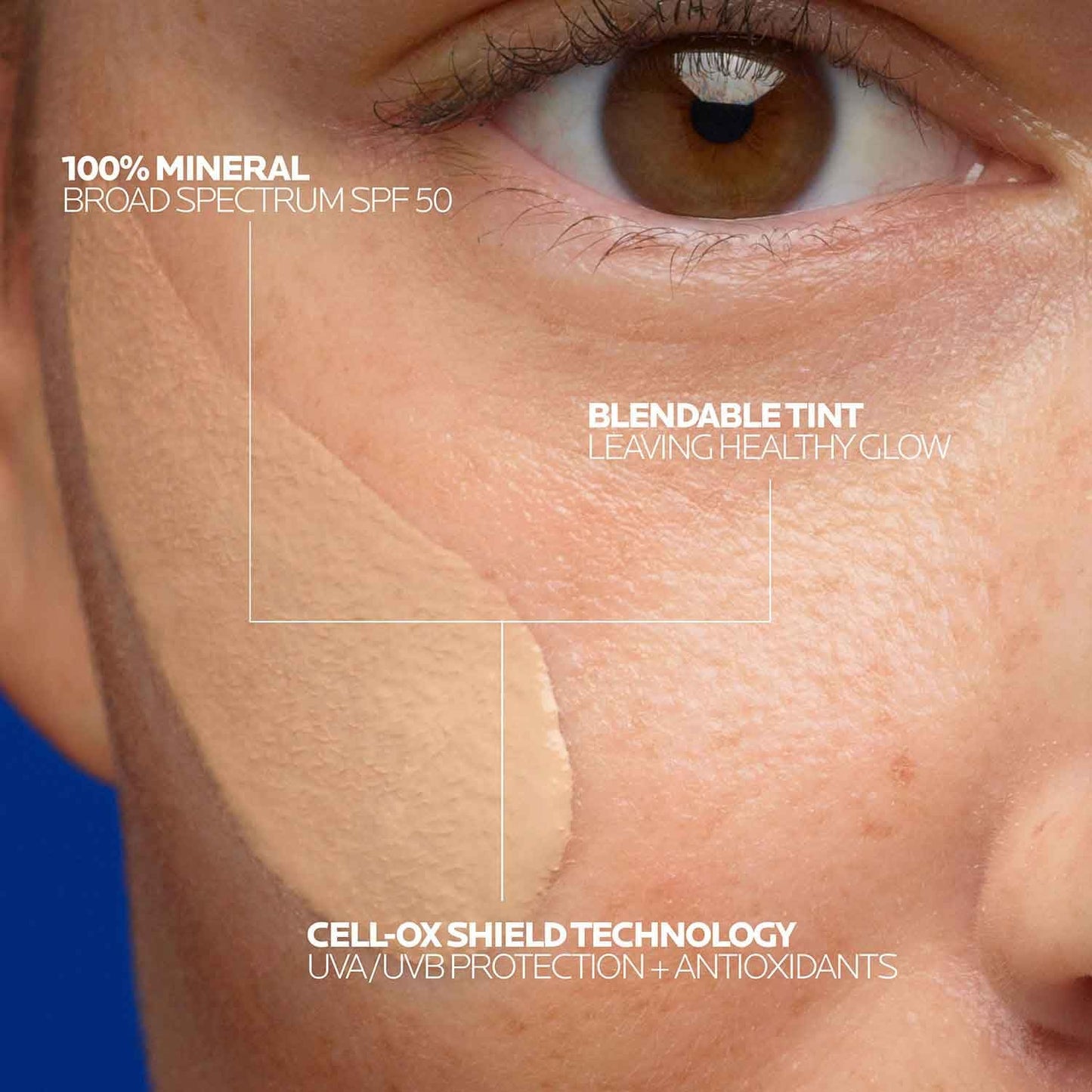 Anthelios UVmune 400 tinted sunscreen SPF 50+ on cheek, 100% mineral, hydrating on Tampa Home & Garden Store