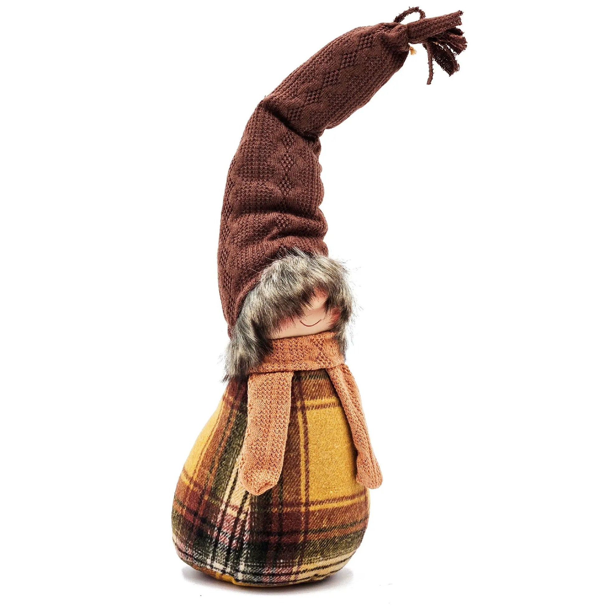 Gnome decorations set of 2 in brown/yellow plaid knit outfits with tall hats and fur trim on Tampa Home & Garden Store